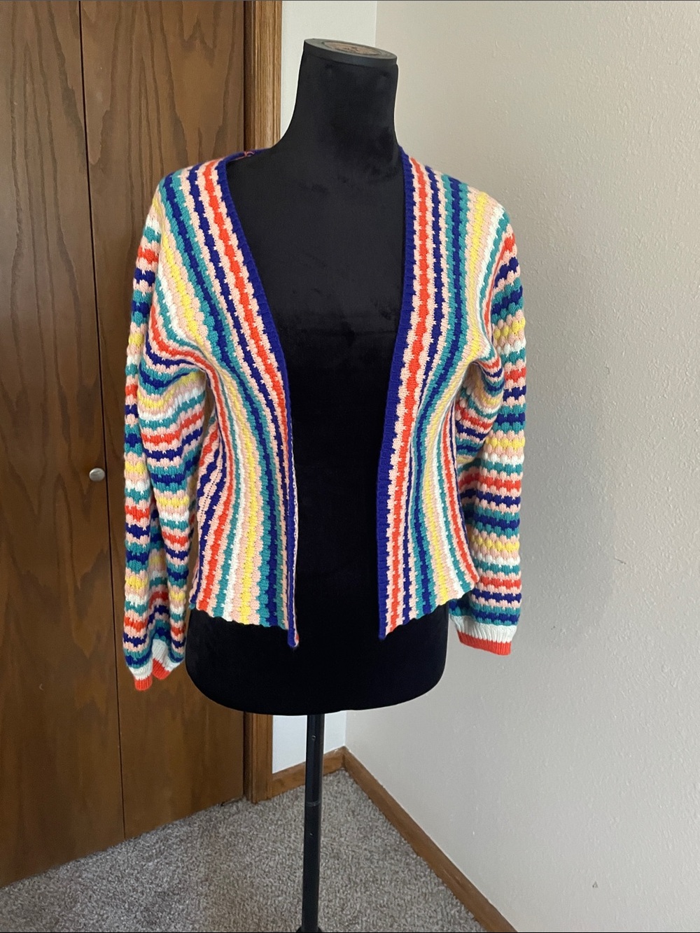 Open-Front Multicolor Striped Knit Cardigan - Cream, Blue, Red